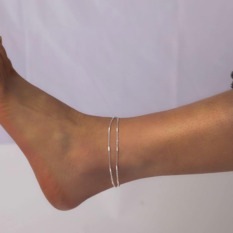 MIDEEO Gold/Silver Ankle Bracelets for Women,14K Gold Anklets for Women Waterproof Cuban Link Heart Beads Herringbone Rhinestone Anklets Set Layered Anklet Bracelets for Women Gold Jewelry Gift - Image 4